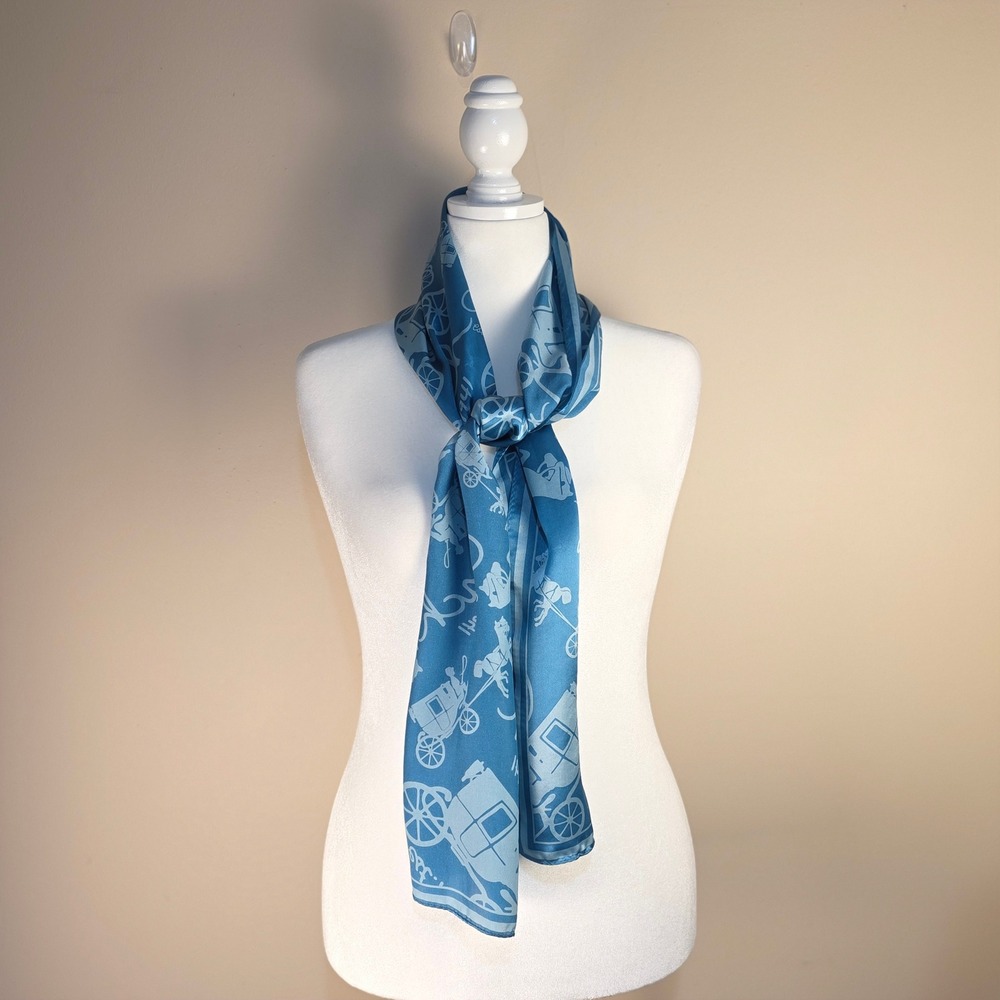 Coach Oblong Silk Scarf Womens OS Blue Horse and Carriage Logo Equestrian Luxury